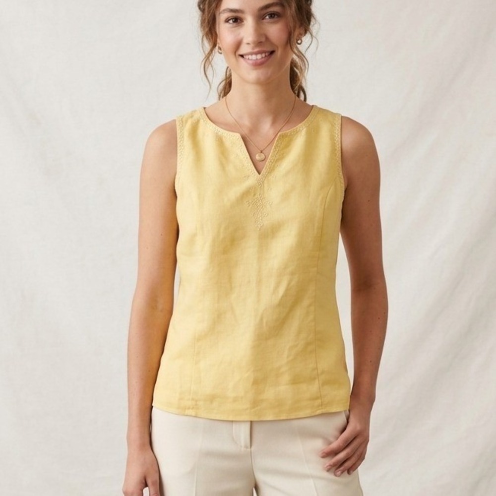 Jennifer Eden Tank Top Womens 14P Yellow Great Embroidered Ramie Rayon Shell